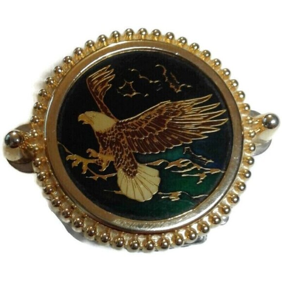 Belt Buckle Bald Eagle in Flight Bezel Gold Green Enamel - Picture 1 of 8